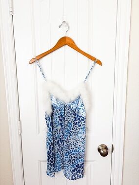 Seductive Wear Blue Leopard Satin Chemise with White Feather Trim Size Medium